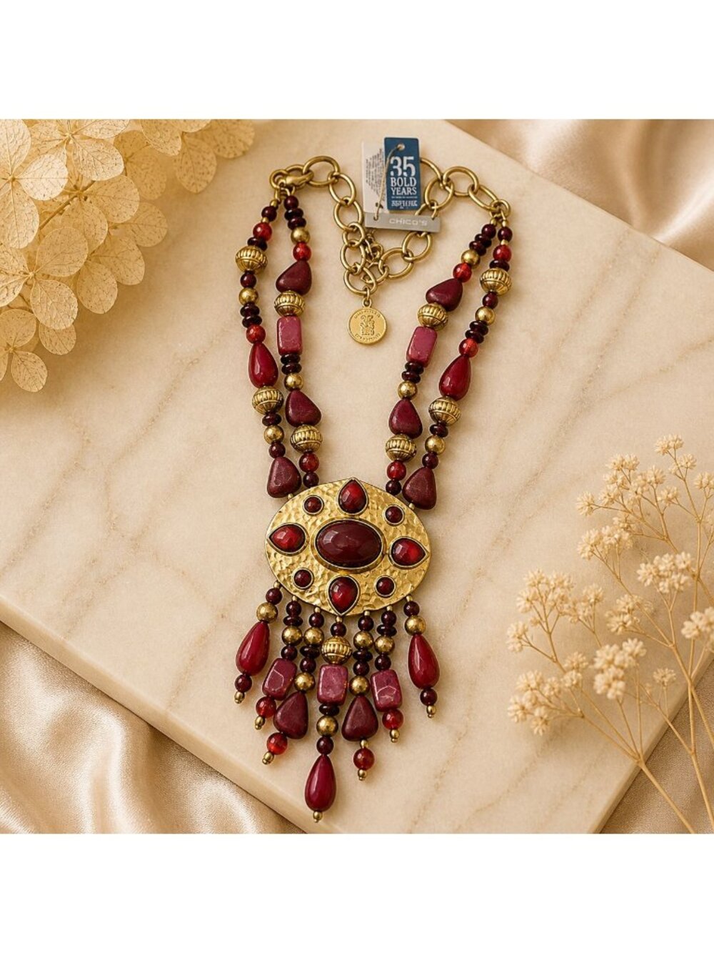 Vintage Chicos Red Statement Necklace Gold Beaded Fringe Bold 35th Anniversary